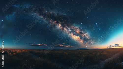 A mesmerizing view of the Milky Way galaxy strewn across the night sky, witnessed above a serene, grassy field at twilight