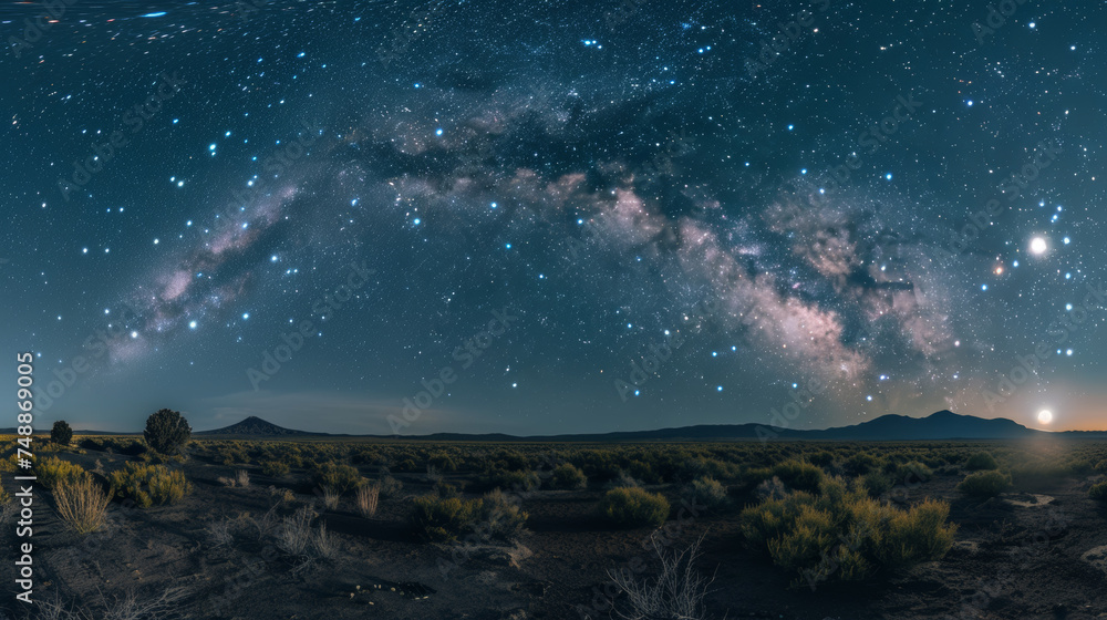 A mesmerizing panorama of the Milky Way galaxy sprawling above a serene desert landscape under a night sky