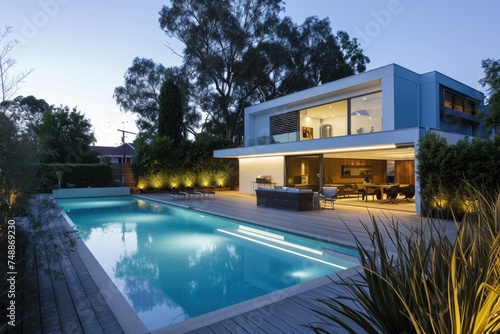 Contemporary Luxury: Alfresco Swimming Pool at Dusk in Australian Backyard © AIGen