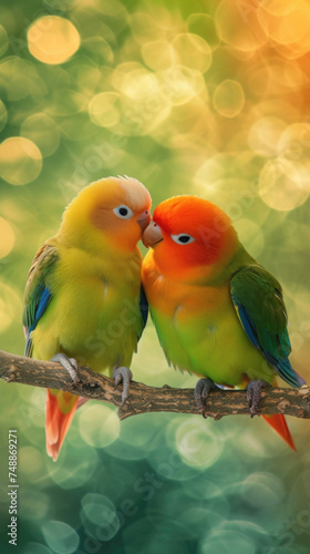 two budgies kissing with their beaks, a couple in love, green background with bokeh, sitting on a branch