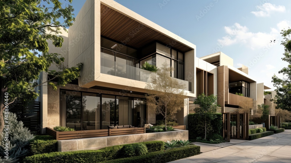 Contemporary Double Storey Home FaÃ§ade with Natural Beige and Brown Tones