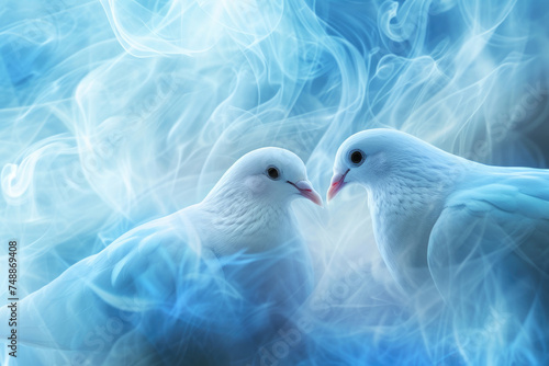two loving doves, on a blue abstract background with smoke, smooth transparent curves, birds kissing, empty space for text, banner