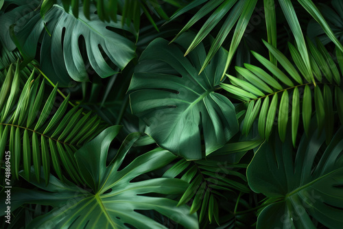 nature texture, palm leaves of different shapes, top view, background with dark shadows