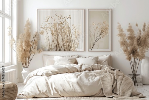 Contemporary Boho Bedroom Interior with Neutral Beige Wall Art and Bed Decor