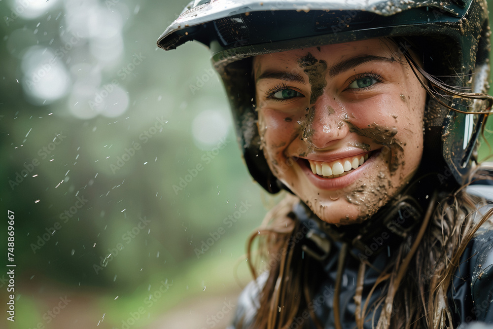 A beautiful young cycling woman with muddy face in the rain. A beautiful young cycling woman with muddy face in the rain.
