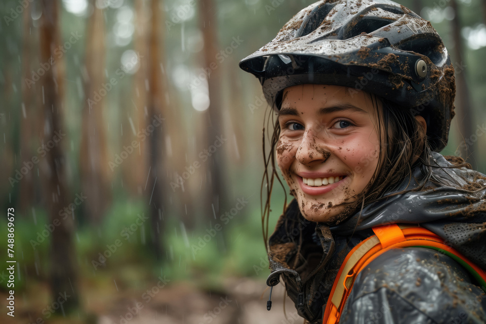 A beautiful young cycling woman with muddy face in the rain. A beautiful young cycling woman with muddy face in the rain.