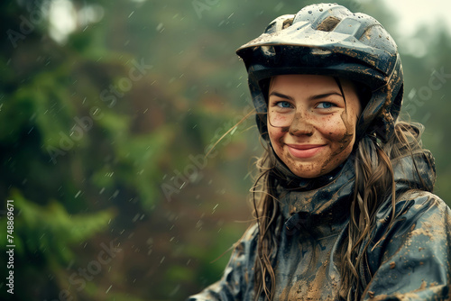 A beautiful young cycling woman with muddy face in the rain. photo