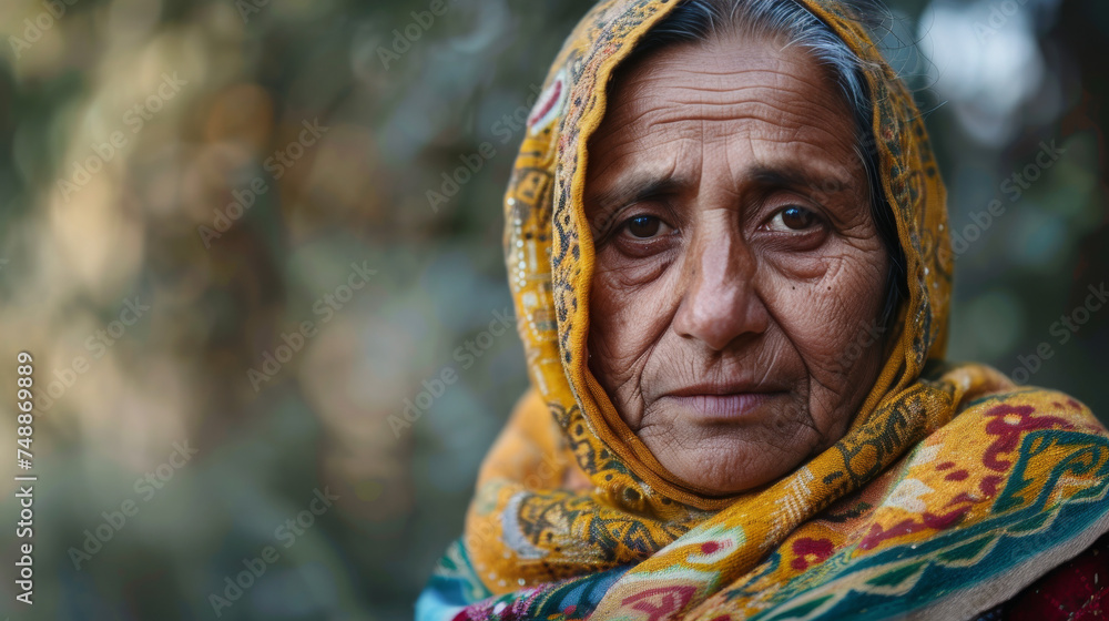 Close-up of an aged woman with a deeply lined face and a vibrant headscarf looking at camera