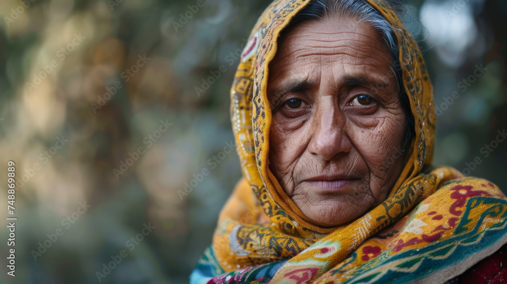 Close-up of an aged woman with a deeply lined face and a vibrant headscarf looking at camera Close-up of an aged woman with a deeply lined face and a vibrant headscarf looking at camera