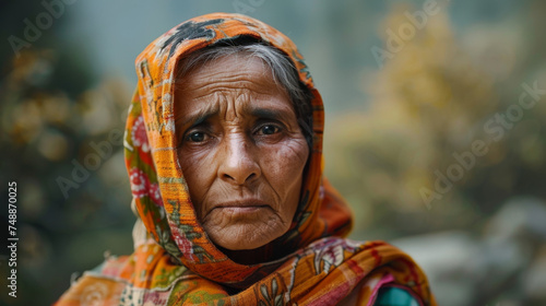 A reflective portrait of an old lady, gaze fixed forward, in a colorful traditional head wrap