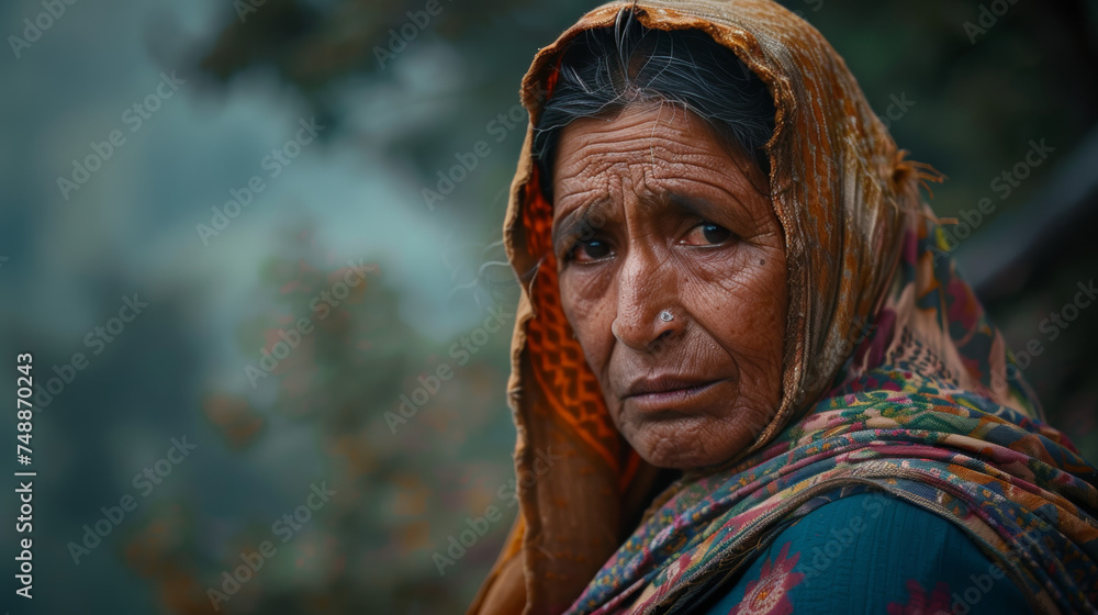 Evocative image of an elder woman with an orange headscarf, her look away implies depth and reflection Evocative image of an elder woman with an orange headscarf, her look away implies depth and reflection