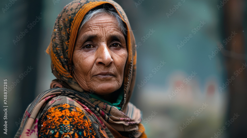 Detailed portrait of an aged woman with a patterned headscarf, radiating enduring cultural identity Detailed portrait of an aged woman with a patterned headscarf, radiating enduring cultural identity
