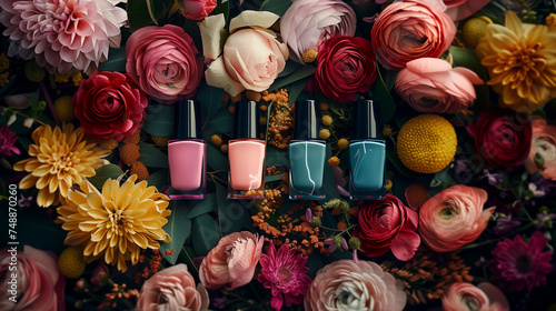 Nail Polish Bottles Amidst a Bouquet of Flowers