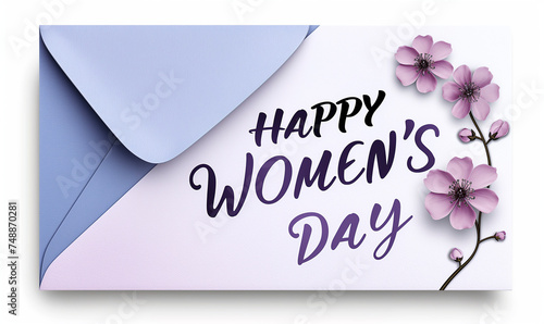 Elegant Women's Day Greeting with Purple Flowers and Envelope