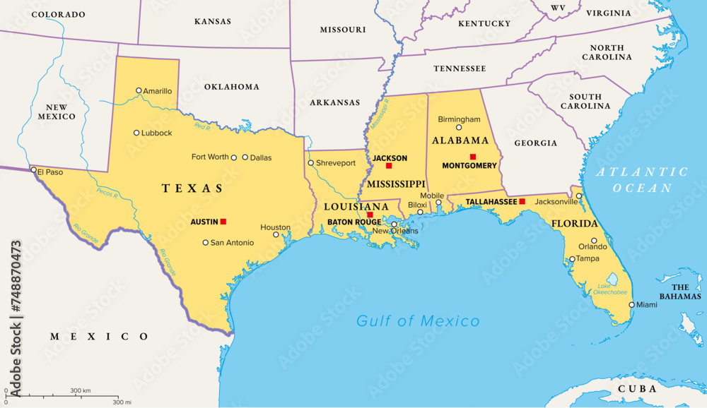 Gulf States of the United States, also called Gulf South or South Coast, political map. Coastline along Southern United States at Gulf of Mexico. Texas, Louisiana, Mississippi, Alabama and Florida.