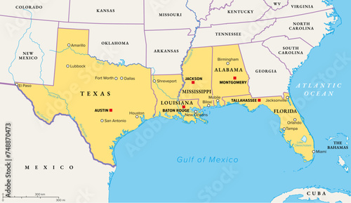 Gulf States of the United States, also called Gulf South or South Coast, political map. Coastline along Southern United States at Gulf of Mexico. Texas, Louisiana, Mississippi, Alabama and Florida. photo