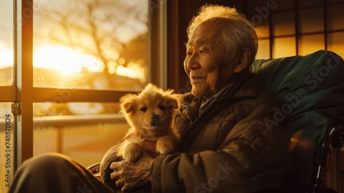 A serene image capturing a quiet moment between an elderly person in a wheelchair and a dog looking at a sunset through a window © Fxquadro