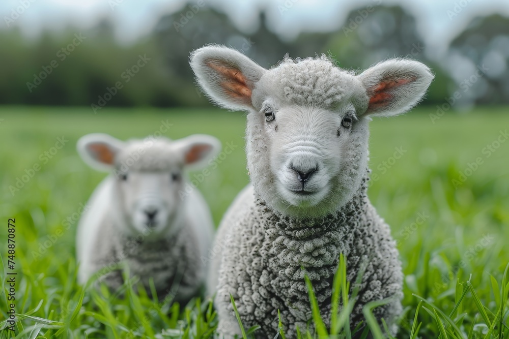 Fototapeta premium Two adorable young lambs standing together in a lush green meadow, focus on one with the face blurred