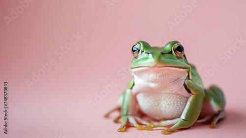 Green frog against pastel pink color background.