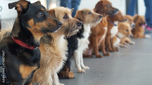 dogs waiting in line for obedience trial outdoors