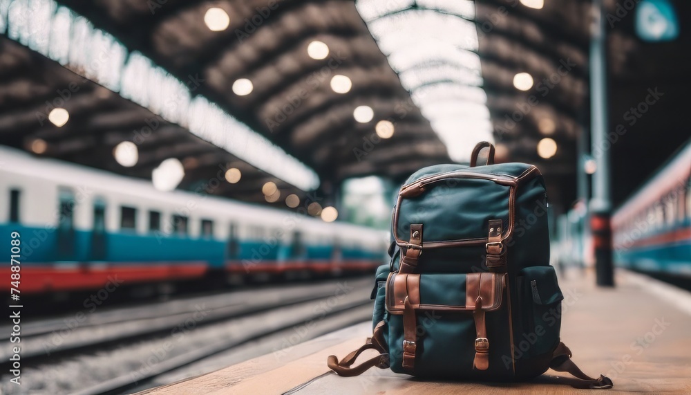 Backpack and hat at the train station with a traveler. Travel concept