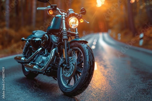 A stylish black motorcycle parked on an empty forest road with beams of sunset light, evoking freedom and an adventurous spirit