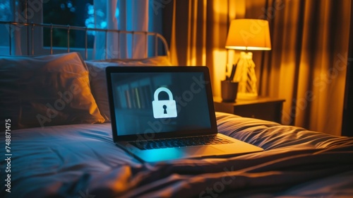 Locked laptop on the home bed, working at night, taking a break. Generative ai