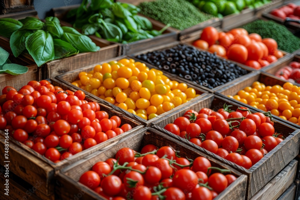 A vibrant display of various fresh tomatoes arranged in wooden crates at a local market, symbolizing organic produce A vibrant display of various fresh tomatoes arranged in wooden crates at a local market, symbolizing organic produce