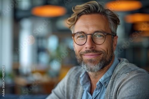 Relaxed and stylish, a man with glasses and a beard smiles at the camera in a trendy office