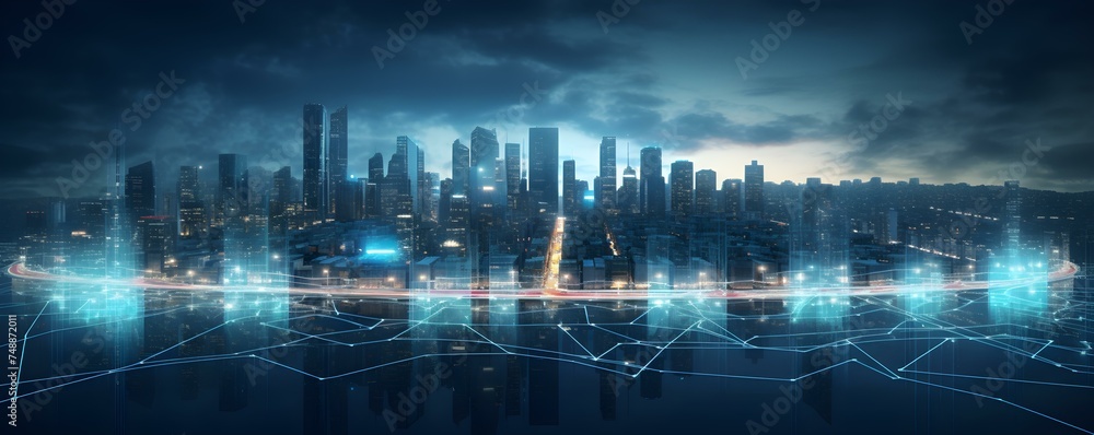 Futuristic smart city with IoT G and integrated infrastructure on dark backdrop. Concept Smart City, Futuristic Technology, IoT, Integrated Infrastructure, Dark Backdrop