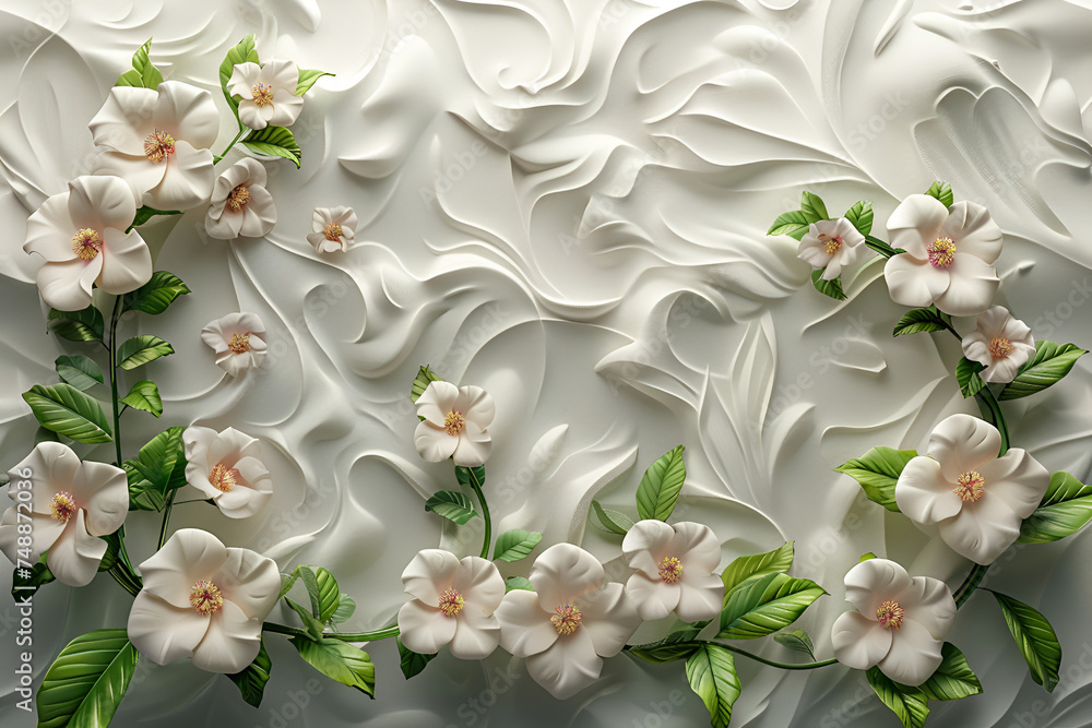 3d mural illustration white & blue background with golden jewelry and flower 3d mural illustration white & blue background with golden jewelry and flower