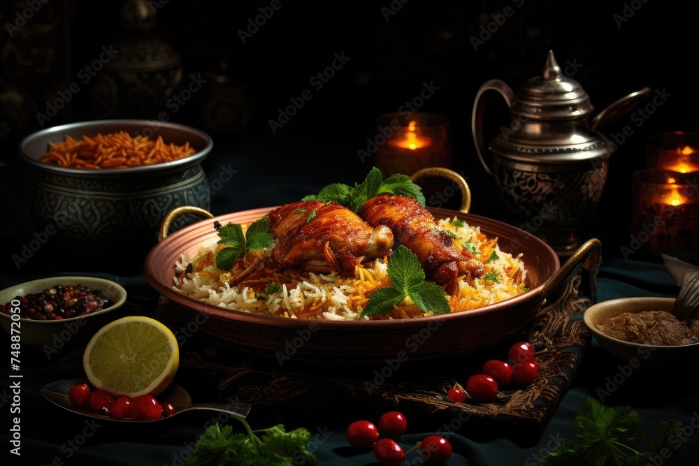 Elevated angle capturing the beauty of a family-style Chicken Mandi feast, the communal platter boasting generous portions of perfectly cooked chicken and fragrant rice, promising a shared culinary de Elevated angle capturing the beauty of a family-style Chicken Mandi feast, the communal platter boasting generous portions of perfectly cooked chicken and fragrant rice, promising a shared culinary de