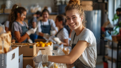 Young female volunteer happily packing fruits in a box with colleagues working in the background at a food bank