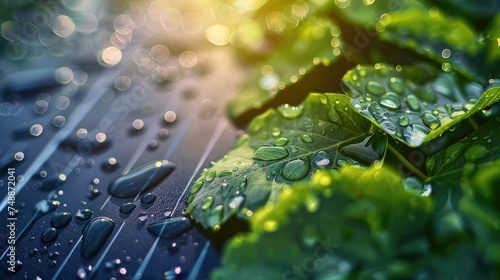 A close-up of a solar panel with droplets of water, showcasing the technology's resilience and efficiency even in varying weather conditions. Green foliage is reflected on its surface, 