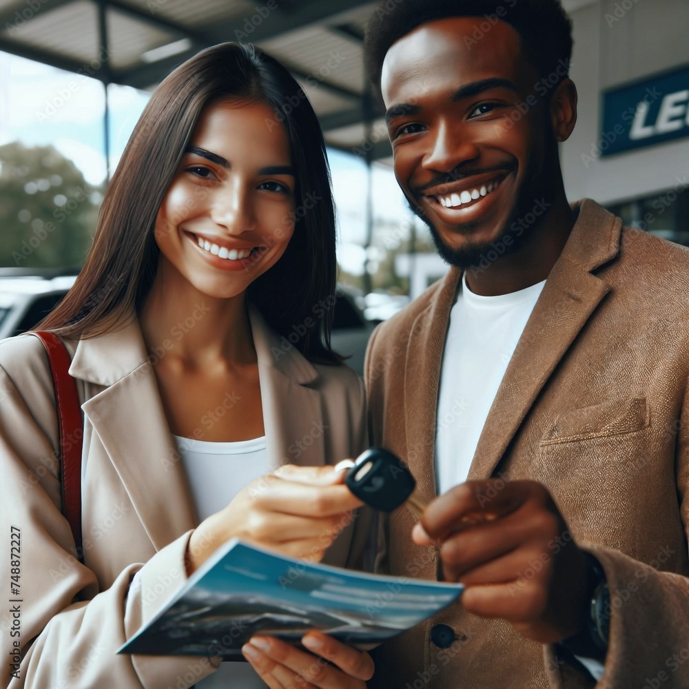 Car rental company giving a pair of customers a key with remote control