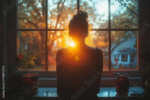 A woman stands in contemplation as the fading sun illuminates the room, casting a gentle glow on her silhouette photo