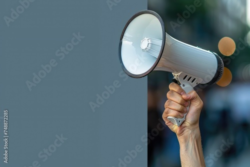 Hand of man holding megaphone. ai generated