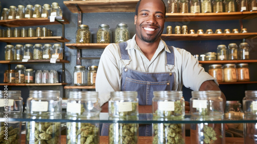 Smiling African American budtender, employee or owner of marijuana shop