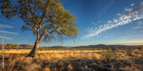 A tranquil scene of a solitary tree in the Australian outback  with a dramatic sky and the soft light of early morning