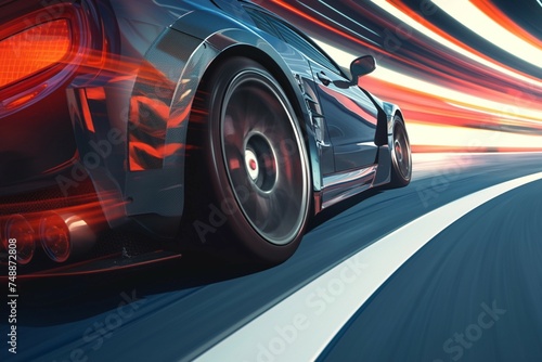 Close up sports car wheel spins, capturing the thrill of racing photo