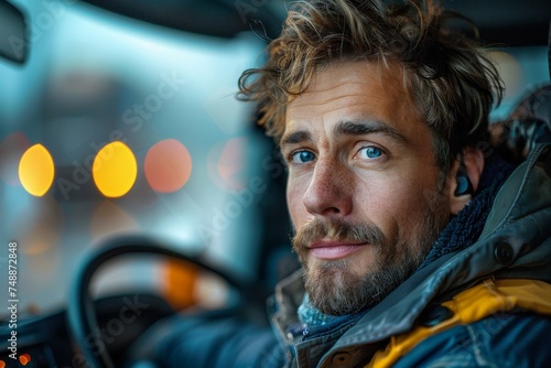 Close-up of a contemplative man driving, with evening lights reflected on his face © svastix