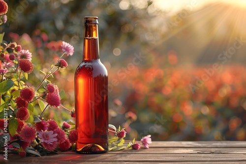 A tranquil scene showcasing a rustic bottle amidst wildflowers with the warm glow of a setting sun