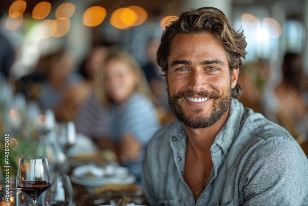 Charming man with a beard smiles at a table with friends in a restaurant Charming man with a beard smiles at a table with friends in a restaurant