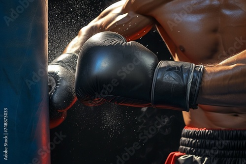Dynamic close up of boxers hand hitting punching bag fiercely