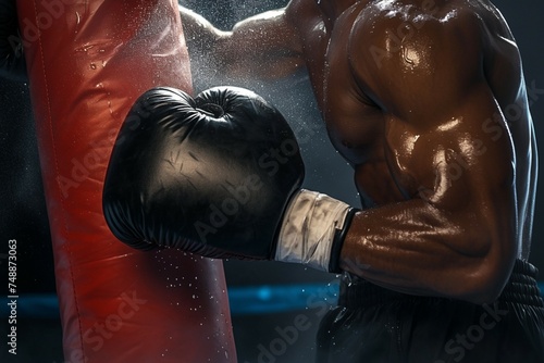 Dynamic close up of boxers hand hitting punching bag fiercely