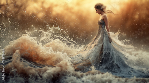 Beautiful goddess or nymph in intricate dress made of splashes walks on lake