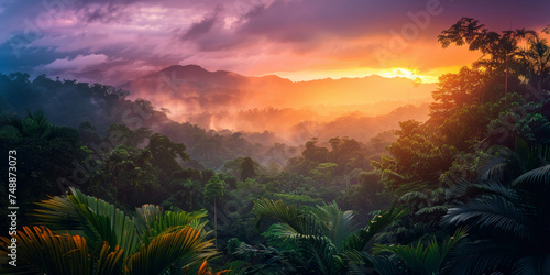 A surreal view of the sun rising over a dense tropical forest with misty layers and vibrant colors in the sky