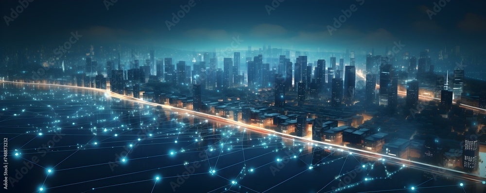 Advancing towards a smart city with IoT and integrated infrastructure in a futuristic setting. Concept Smart City, IoT Integration, Futuristic Infrastructure, Advancements, Urban Development