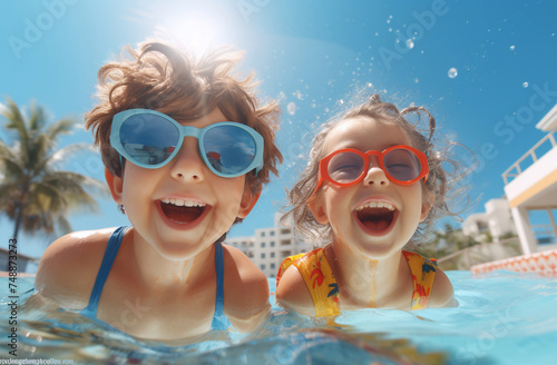 Kid boy with sun protection cream on his skin spends time in the pool. Children  summer  holiday and healthcare concept