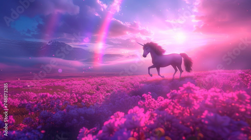 Magic unicorn in blossoming field, fairytale atmosphere © Kondor83